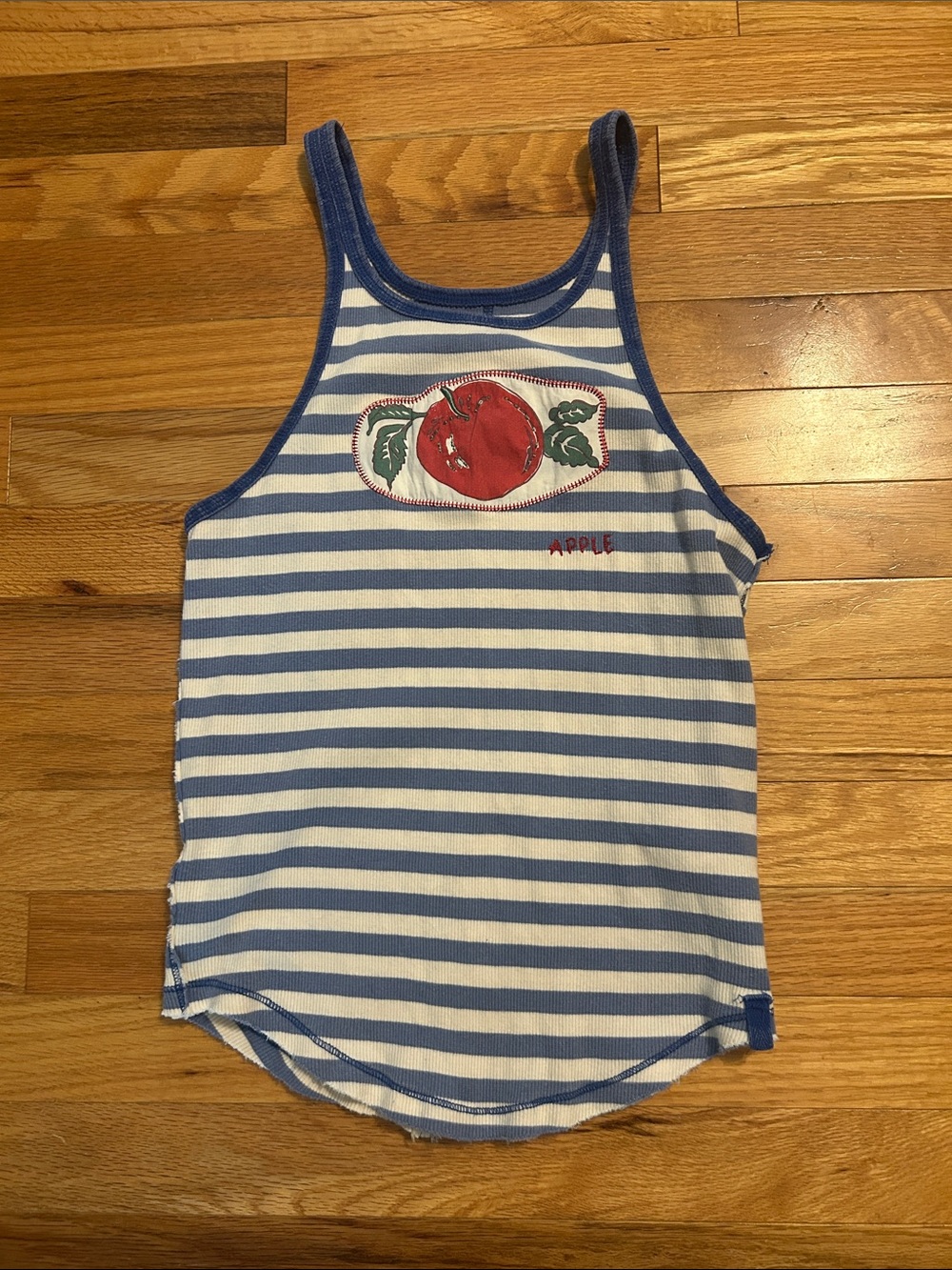 Free People Only 1 One Graphic Ringer tank. Blue/white stripes with Apple,Medium